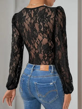 Black floral lace long sleeve bodysuit with puffed sleeves from perfee tied lace collection for elegant wear