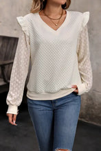 Perfee V-Neck Ruffle Trim Long Sleeve Sweatshirt with Quilted Pullover