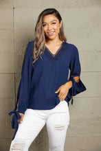 Perfee V-Neck Tie Cuff Slit Blouse Dark Blue Woman Blouses