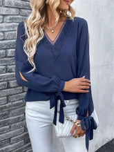 Perfee V-Neck Tie Cuff Slit Blouse Woman Blouses