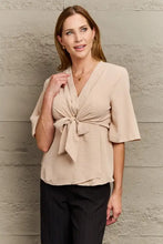 Perfee V-Neck Tie Front Half Sleeve Blouse Light Apricot Woman Blouses