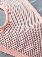 Delicate pink mesh pet grooming hammock for nail trimming with reinforced edges