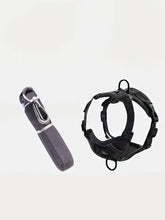 Black dog harness with matching leash, vest design, polyester mesh, D-ring