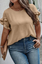 Petal sleeve round neck tan blouse with plus size ruffled sleeves