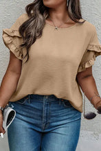 Petal sleeve round neck tan blouse with plus size ruffled sleeves