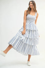 Pin Stripe Smocked Bodice Tiered Midi Dress