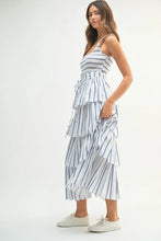 Pin Stripe Smocked Bodice Tiered Midi Dress