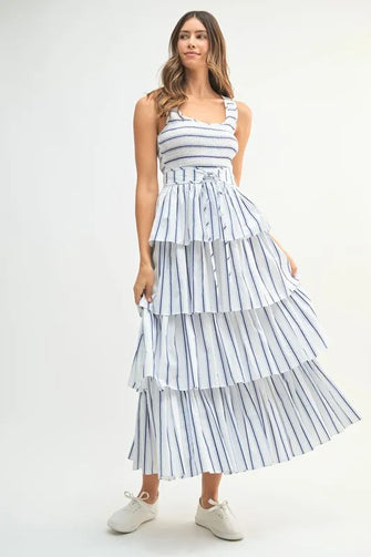 Pin Stripe Smocked Bodice Tiered Midi Dress Off White