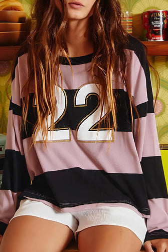 Pink and Black Striped Long Sleeve Sweatshirt with Number 22 Dusty Pink