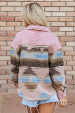 Pink and brown southwestern Aztec print Sherpa jacket with fuzzy texture
