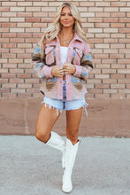 Pink and blue Southwestern Aztec print Sherpa jacket with fringe and white cowboy boots