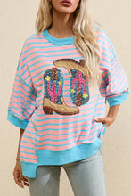 Pink and Blue Striped Cowboy Boot Sequin Sweatshirt for Women Blush Pink