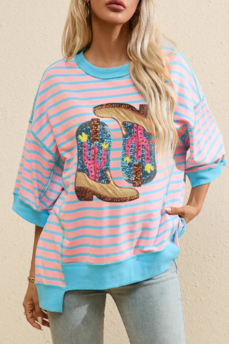 Pink and Blue Striped Cowboy Boot Sequin Sweatshirt for Women Blush Pink