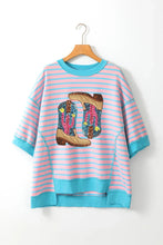 Pink and Blue Striped Cowboy Boot Sequin Sweatshirt for Women