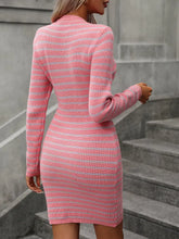 Pink and Gray Striped Knit Dress with Long Sleeves and Round Neck Woman Sweater Dresses