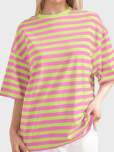 Pink and Green Striped Basic T-Shirt for Women Lime