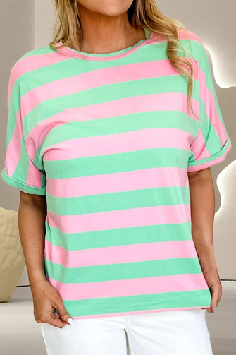 Pink and Green Striped Cotton T-Shirt for Women Neon Green