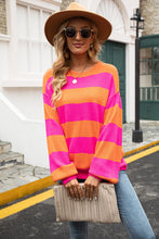 Pink and Green Striped Sweater with Balloon Sleeve Long Sleeve Length Orange Fuchsia
