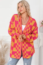 Vibrant pink, orange, and yellow checkered cardigan, long sleeve women’s outerwear