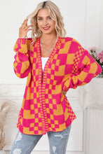 Pink and orange checkered cardigan, long sleeve women’s knit outerwear