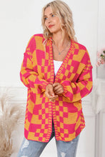 Pink and Orange Checkered Cardigan Long Sleeve Women's Outerwear