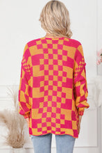 Pink and Orange Checkered Cardigan Long Sleeve Women's Outerwear