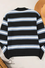 Black and light blue striped long-sleeve sweater in knit cardigan style