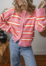 Pink and orange striped knit cardigan sweater with mock neck and buttons