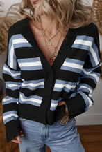 Black and blue striped knit cardigan sweater with buttons