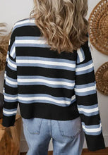 Pink and orange striped knit cardigan sweater with mock neck and buttons
