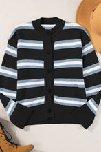 Striped knit cardigan sweater with mock neck and buttons