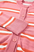 Pink and orange striped knit cardigan with mock neck and buttons