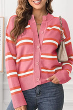 Pink and orange striped knit cardigan sweater with mock neck and buttons