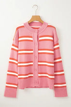 Pink and orange striped knit cardigan with mock neck and buttons