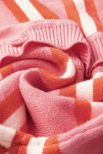 Pink and orange striped knit cardigan sweater with mock neck and buttons