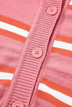 Pink and orange striped knit cardigan sweater with mock neck and wooden buttons