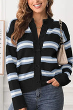 Black and blue striped knit cardigan sweater with mock neck and buttons