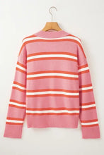 Pink and orange striped knit cardigan sweater with mock neck and buttons