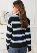 Black and blue striped cowl neck sweater with mock neck and buttons