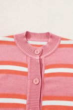 Pink and orange striped knit cardigan sweater with mock neck and wooden buttons