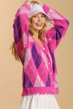 Pink and purple argyle pattern v-neck cardigan sweater, small size
