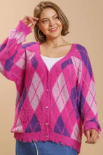 Plus size pink and purple argyle pattern v-neck cardigan sweater