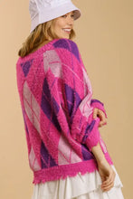 Pink and purple argyle pattern v-neck cardigan sweater with fringed edges, size small