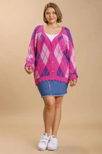 Pink and purple argyle pattern v-neck button-down cardigan sweater