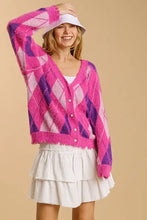 Pink and purple argyle pattern v-neck cardigan sweater, size small
