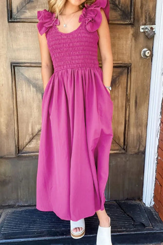 Smocked and Ruffled Dresses and Jumpsuit in Pink Purple and Magenta Cerise