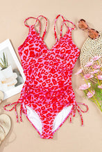 Pink and Red Leopard Print Drawstring Swimsuit with Removable Padding