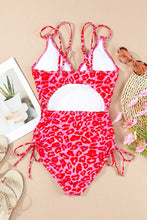 Pink and Red Leopard Print Drawstring Swimsuit with Removable Padding