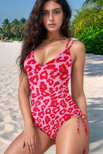 Pink and Red Leopard Print Drawstring Swimsuit with Removable Padding Strawberry