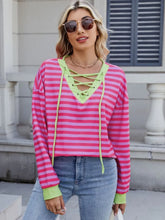 Pink and Red Striped Lace Up Long Sleeve Top for Women Hot Pink